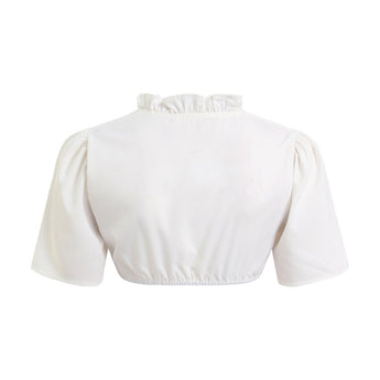 White short-sleeved dirndl blouse with a tie-front design, featuring ruffled details and a cropped cut, suitable for a chic and stylish look.
