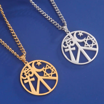 Silver Peace Sign Pendant featuring moon and stars design on a boho chic necklace with a metal chain.
