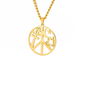 Silver Peace Sign Pendant Moon & Stars Celestial Boho Chic Necklace with intricate celestial designs including stars and moons, fashioned in a round, silver body jewelry piece.