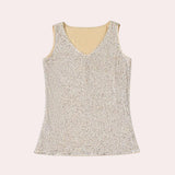 Silver sequin sleeveless V-neck party tank top styled for evening wear.