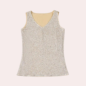Silver sequin sleeveless V-neck party tank top styled for evening wear.