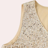 Sleeveless silver sequin V-neck tank top with intricate pattern, designed for evening wear.