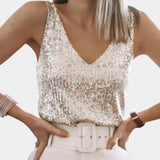 
A light yellow, sleeveless party tank top featuring a silver sequin design with a V-neckline, displayed on a mannequin. The top is designed for evening wear and is in a 2XL size.