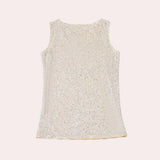 Sleeveless silver sequin V-neck party tank top with a shimmering pattern, designed as elegant evening wear.