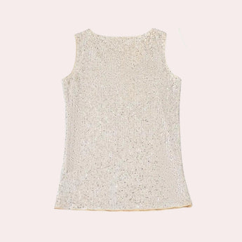 Sleeveless silver sequin V-neck party tank top with a shimmering pattern, designed as elegant evening wear.