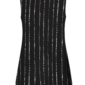 Sleeveless black V-neck blouse with vertical stripes, modeled with blue jeans and black shoes.
