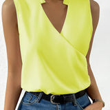 Sleeveless white wrap blouse with an elegant V-neck design, shown in a yellow color and size 3XL, suitable for business attire.