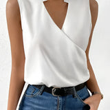 Sleeveless white wrap blouse with an elegant V-neck design, shown in size 3XL, featuring a business casual style with tailored shoulder and waist fit.