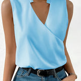 Sky blue sleeveless wrap blouse with an elegant V-neck design in a 3XL size. The blouse is styled for business wear, featuring a classy and fashionable look.