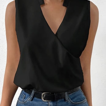 Sleeveless black wrap blouse with a V-neck design, featuring an elegant and stylish look suitable for business or formal occasions.