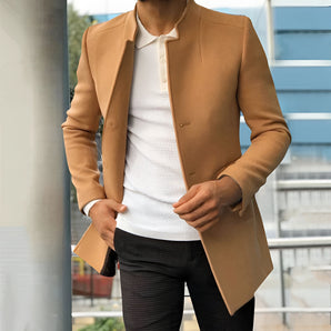 Slim fit camel coat in a modern men's blazer style, featuring a clean cut with a dress shirt and collar underneath. The coat is in a brown color and is sized 3XL, perfect for autumn fashion. The image highlights the blazer's elegant design with attention to the sleeve, waist, and neck areas.