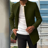 Modern men's slim fit camel coat in green, 3XL size, showcasing a stylish blazer design with a focus on the shoulder, neck, and sleeve areas. The coat is positioned as an autumn fashion piece, featuring a sleek collar and tailored waist, suitable for both formal wear and casual sportswear occasions.
