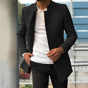 Black slim fit men's blazer for autumn fashion in size 3XL, featuring a classic collar, long sleeves, and a tailored waist for a modern, formal look.