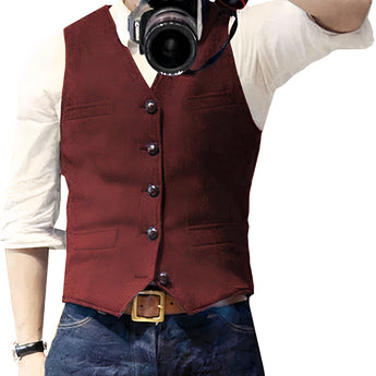 Slim-fit denim vest for men in stylish blue, featuring a button-up design, worn over a white dress shirt. 