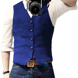 Men's stylish blue slim-fit denim vest in size 3XL, featuring a button-up front and collar, worn over a dress shirt.