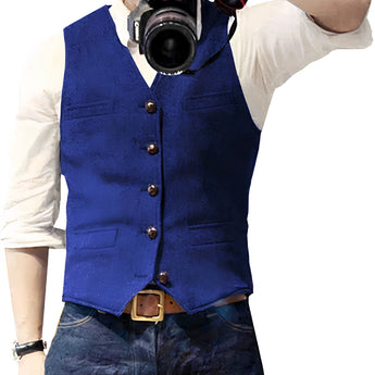 Men's stylish blue slim-fit denim vest in size 3XL, featuring a button-up front and collar, worn over a dress shirt.