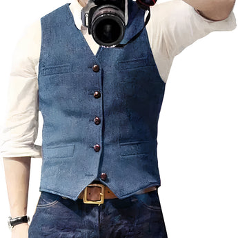 Slim-fit denim vest in a stylish blue with button-up design, suitable for men. The model is wearing the vest in Azzurro color, size 3XL, over a dress shirt, captured in a mirror reflection with visible sleeves and collar.