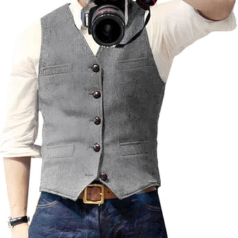 Slim-fit gray denim vest for men, featuring a stylish button-up design with a dress shirt collar and sleeves visible underneath, photographed in flash lighting.