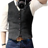 Slim-fit denim vest for men in stylish blue, featuring a button-up design. The model is wearing a Nero 3XL size, paired with a dress shirt.