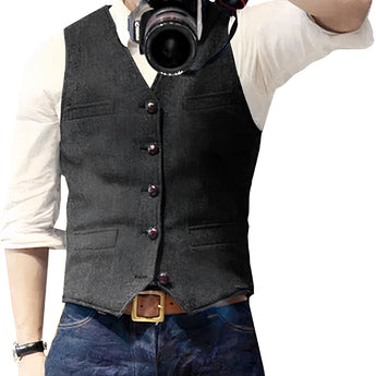 Slim-fit denim vest for men in stylish blue, featuring a button-up design. The model is wearing a Nero 3XL size, paired with a dress shirt.