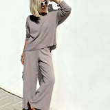 Sophisticated taupe loungewear set for mature women in gray, size 3XL, featuring a stylish design with a blazer-style top and comfortable pants, ideal for both casual and formal settings.