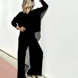 Sophisticated taupe loungewear set in Nero color for mature women, featuring a stylish long-sleeve blazer paired with matching pants in size 3XL.