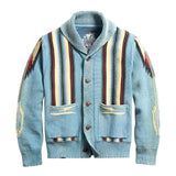 Southwestern Men's Rustic Cardigan featuring a tribal pattern knit in light blue, 2XL, with long sleeves and a collar, suitable for fall fashion.