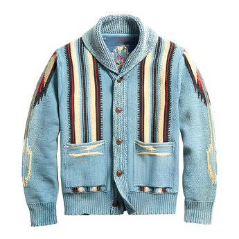 Southwestern Men's Rustic Cardigan featuring a tribal pattern knit in light blue, 2XL, with long sleeves and a collar, suitable for fall fashion.