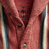 Southwestern men's rustic cardigan featuring a tribal pattern knit, displayed in a mix of purple, magenta, and electric blue colors with long sleeves and a collar, suitable for fall fashion.