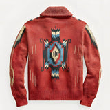 Men's rustic cardigan with tribal pattern knit, featuring long sleeves and a cozy, fall fashion design.