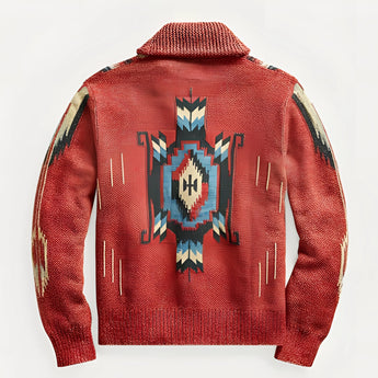 Men's rustic cardigan with tribal pattern knit, featuring long sleeves and a cozy, fall fashion design.