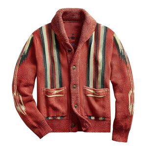 Southwestern Men's Rustic Cardigan in Red, 2XL - Tribal Pattern Knit with long sleeves, collar, and button details, made of wool fabric suitable for fall fashion.