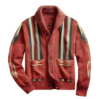 Southwestern Men's Rustic Cardigan in Red, 2XL - Tribal Pattern Knit with long sleeves, collar, and button details, made of wool fabric suitable for fall fashion.
