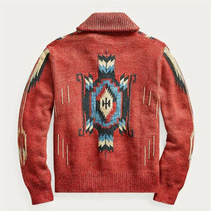 Red Aztec cardigan with a high collar, featuring a Southwestern tribal pattern. The cardigan has long sleeves and is crafted from a woolen textile, providing a cozy and stylish layer.