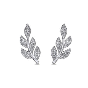 Elegant silver botanical stud earrings adorned with sparkling rhinestone leaves.