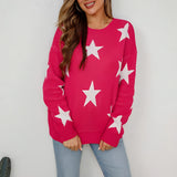 Blue and white star pattern crewneck sweater modeled by a person smiling, showcasing the casual knitwear's long sleeves and comfortable fit in XL size.