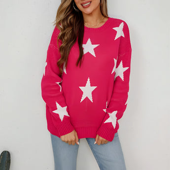 Blue and white star pattern crewneck sweater modeled by a person smiling, showcasing the casual knitwear's long sleeves and comfortable fit in XL size.