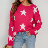 Blue and white crewneck sweater with star pattern, featuring long sleeves and a casual knit design.