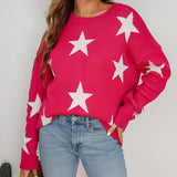 Blue and white crewneck sweater with a star pattern design, featuring long sleeves and a comfortable fit.