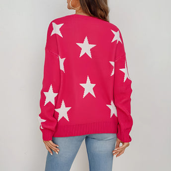 Blue and white star pattern crewneck sweater with long sleeves and casual knitwear design.
