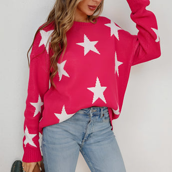 Blue and white star pattern crewneck sweater displayed on a mannequin, showing full sleeves and a casual knitwear design, paired with jeans.