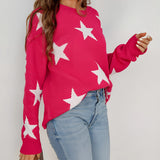 Blue and white star pattern crewneck sweater with long sleeves, designed as casual knitwear, displayed on a mannequin, showcasing the shoulders and waist area.