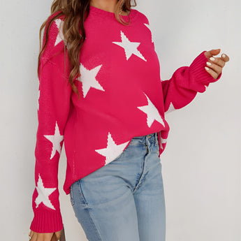 Blue and white star pattern crewneck sweater with long sleeves, designed as casual knitwear, displayed on a mannequin, showcasing the shoulders and waist area.