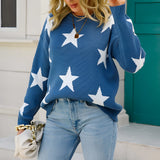 Blue and white crewneck sweater featuring a star pattern, with long sleeves and a casual knitwear design.
