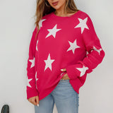 Blue and white crewneck sweater with a star pattern, featuring long sleeves and casual knitwear design.