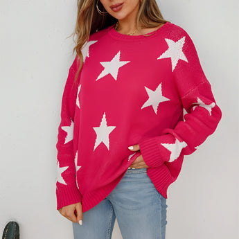 Blue and white crewneck sweater with a star pattern, featuring long sleeves and casual knitwear design.