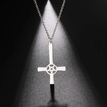 Steampunk silver gear cross pendant necklace featuring intricate industrial design, representing Christian symbolism and body jewelry.