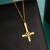 Steampunk Silver Gear Cross Pendant Necklace with intricate industrial design and metallic finish on a black background.