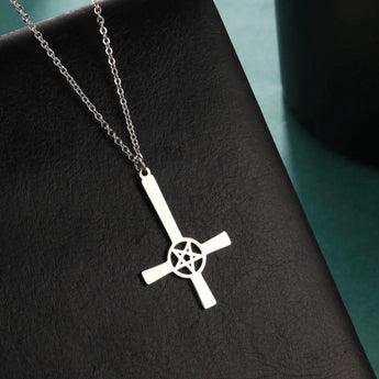 Steampunk Silver Gear Cross Pendant Necklace featuring intricate industrial design with gears and a silver cross on a chain.