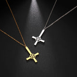 Steampunk Silver Gear Cross Pendant Necklace featuring an industrial design with intricate gear details, showcased against a dark background.